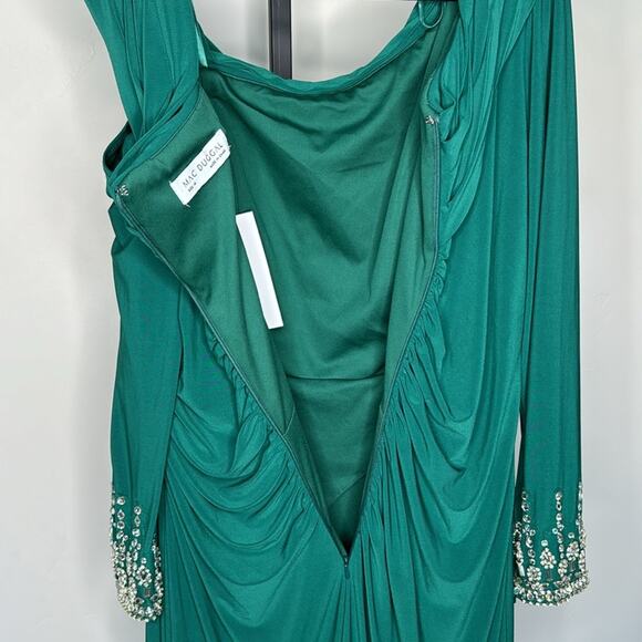 NWT MAC DUGGAL 12231 Emerald Beaded Cuff Drop Shoulder Faux Wrap Gown Women’s - Picture 11 of 12